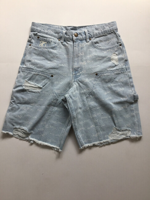 Karl Kani Og Heavy Distressed Wavy Print Carpenter Denim Shorts bleached blue - W 32