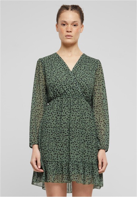Urban Classics Cloud5ive Damen V-Neck Chiffon Kleid in Wickeloptik mit Leo Print dark green - M