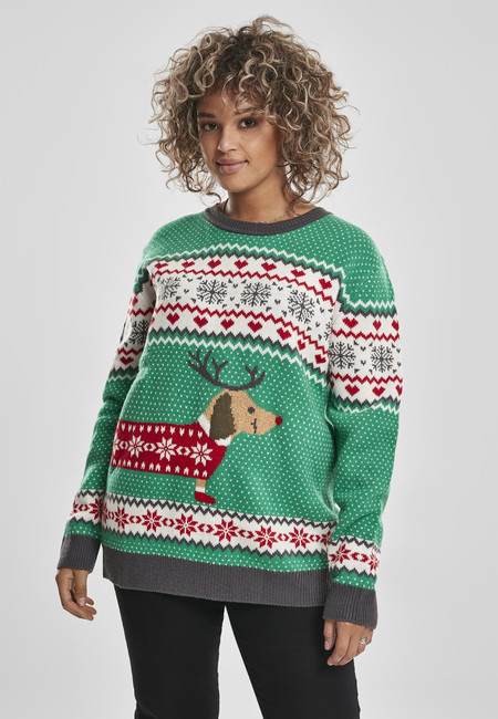 Obrázok Urban Classics Ladies Sausage Dog Christmas Sweater teagreen/white/red/darkgrey - 3XL