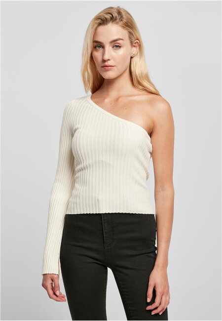 Urban Classics Ladies Short Rib Knit One Sleeve Sweater whitesand - S